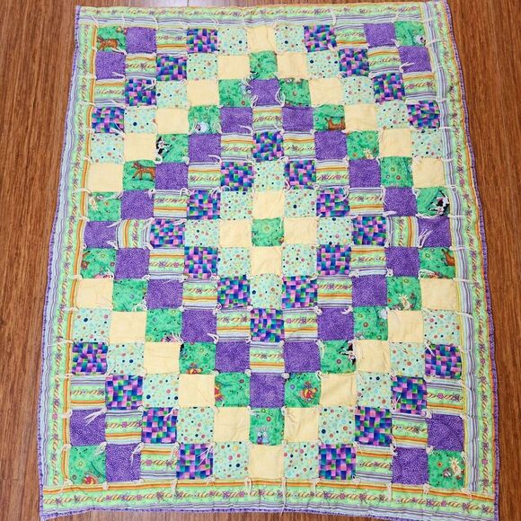 Handmade Whimsical Purple Yellow Horse Duck Farm Patchwork Quilt Hand Tied 30x46 - Picture 1 of 9